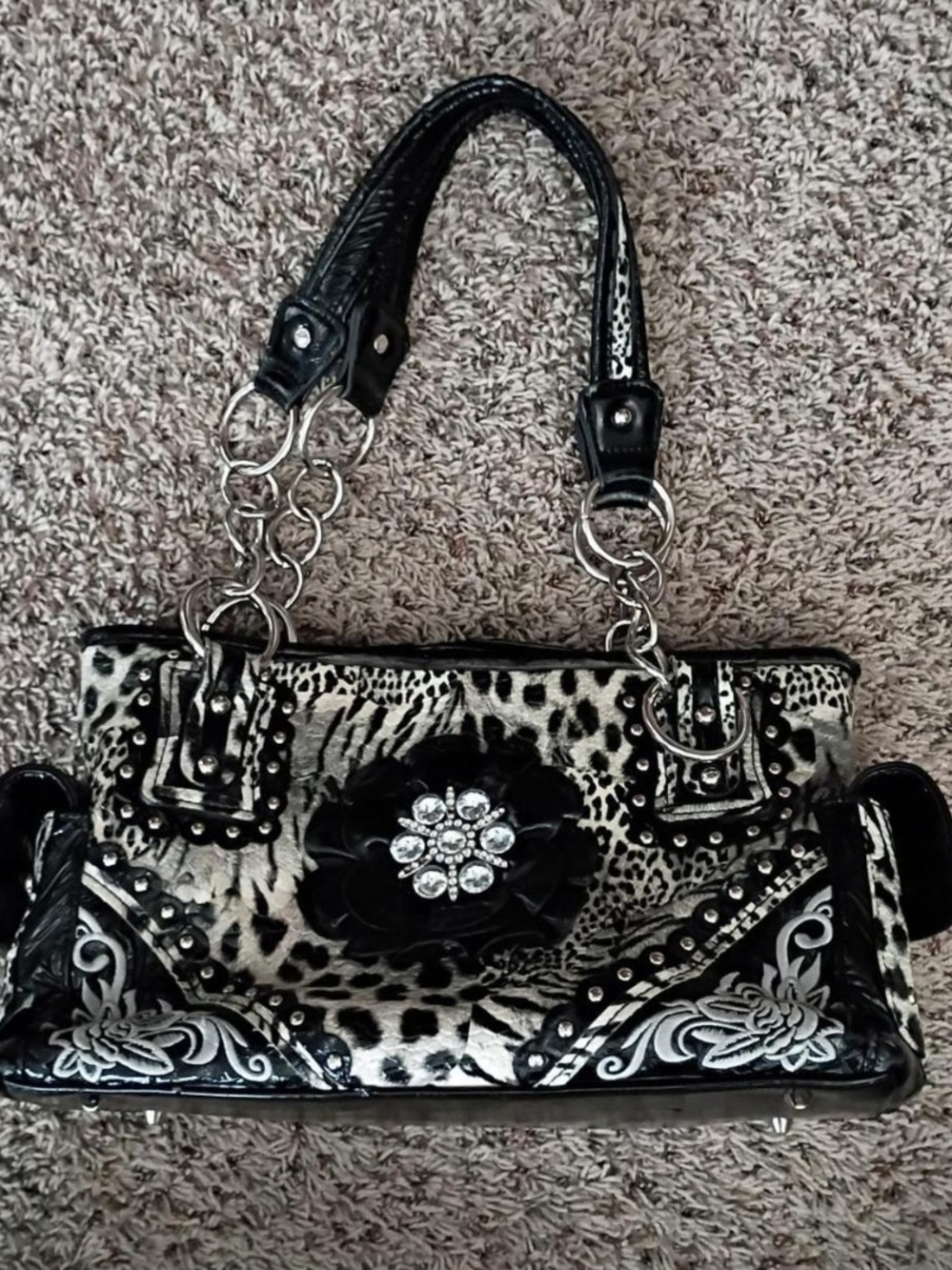 Black & White Leopard Print & Zebra Print Western Bag with Floral Jewel Accent